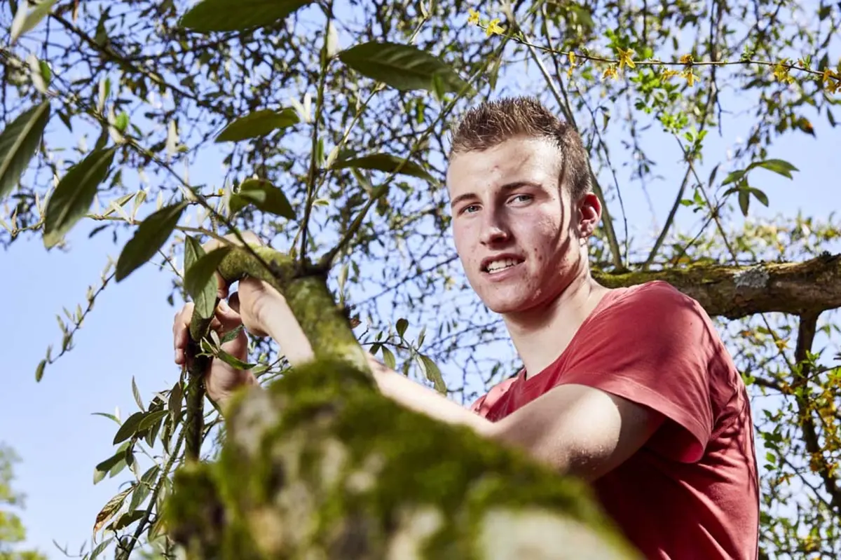 1 jeune homme tient une branche d'arbre en regardant l'appareil photo